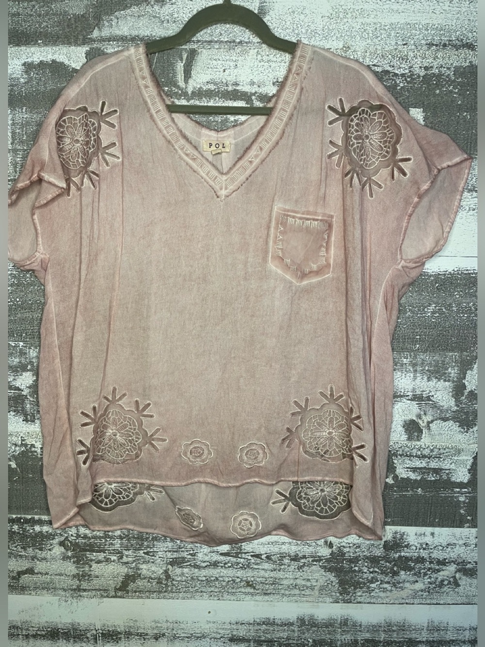 POL Sheer Embroidered V-Neck Tunic in Blush Pink